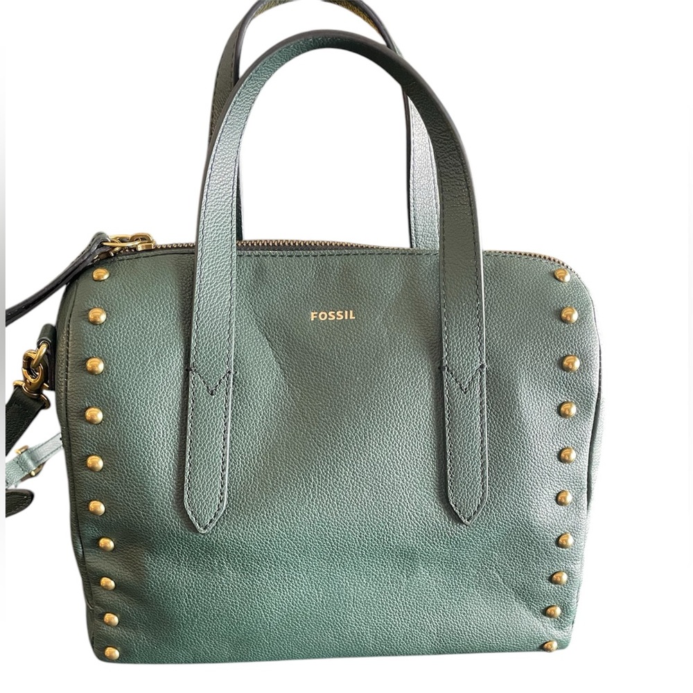 Fossil Sydney leather satchel HUNTER GREEN purse bag hobo with metallic accents.